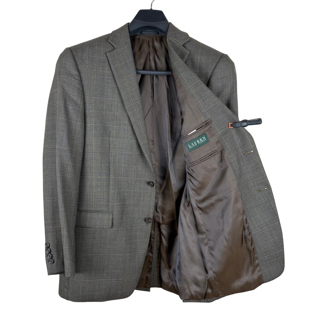 Lauren Ralph Lauren 40L Wool Blazer Glen Plaid Brown Gray Sport Coat Suit Jacket